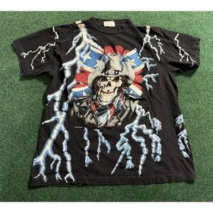 Vintage American Thunder Skull Cowboy Outlaw Rebel Lightening T-Shirt Size Large
